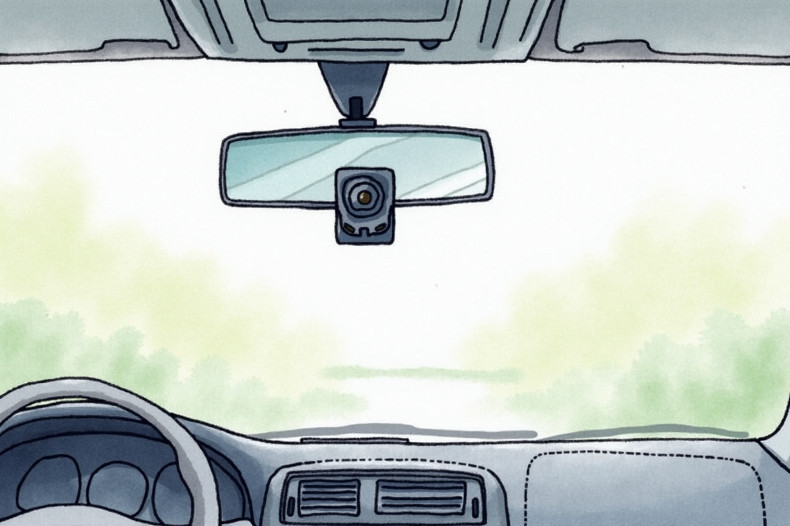 Compact dash cam attached to rear-view mirror