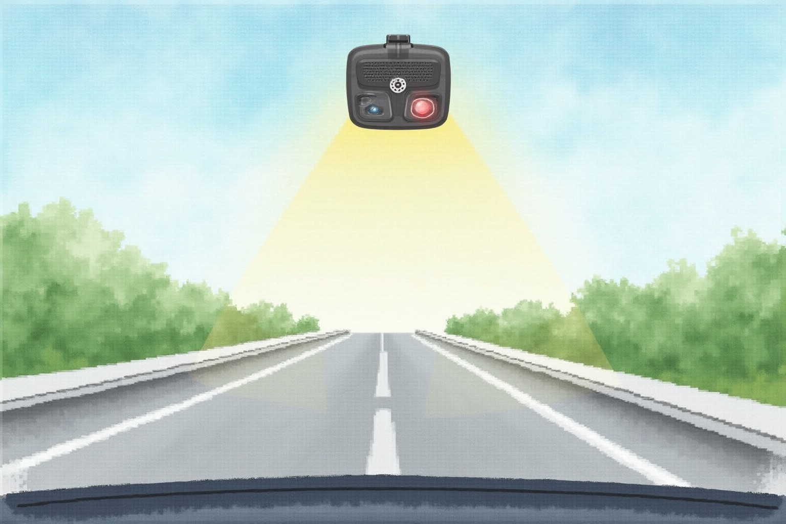 Dash cam showing recording light during highway driving