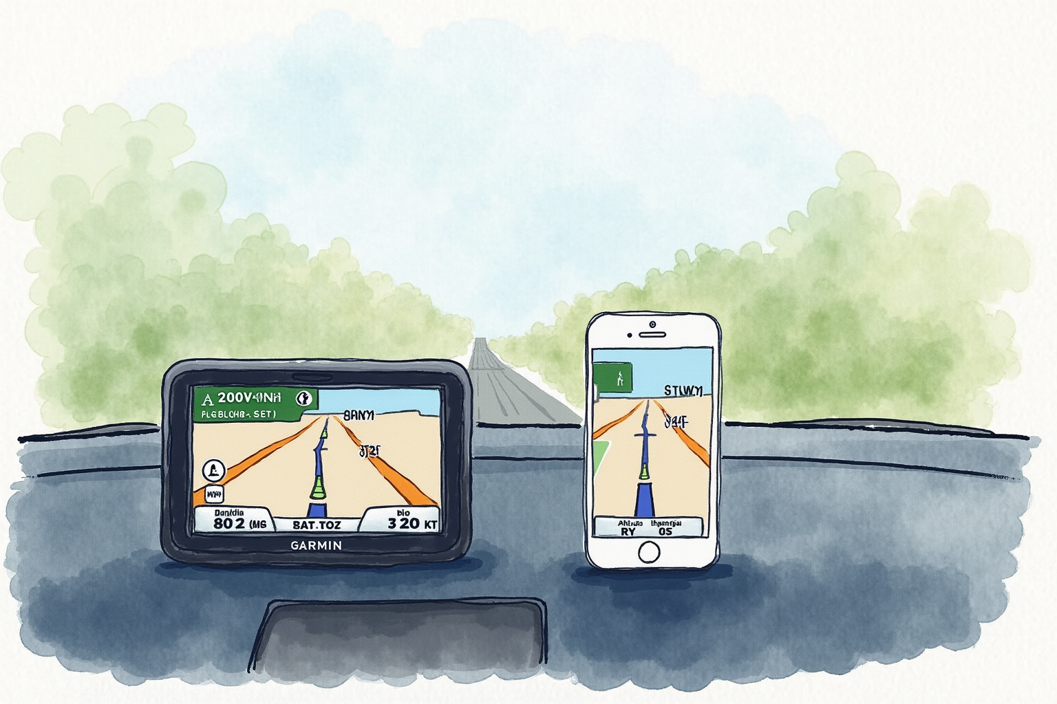 Garmin GPS unit beside iPhone on car dashboard comparison