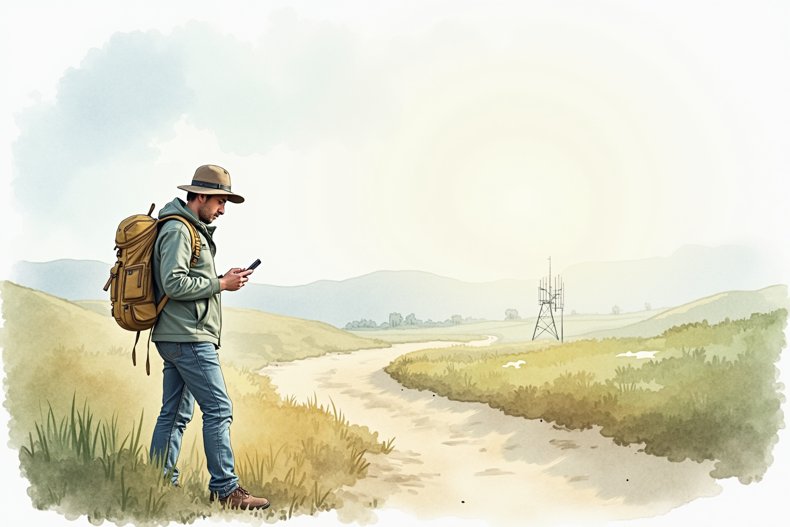 Person using offline GPS navigation in remote area