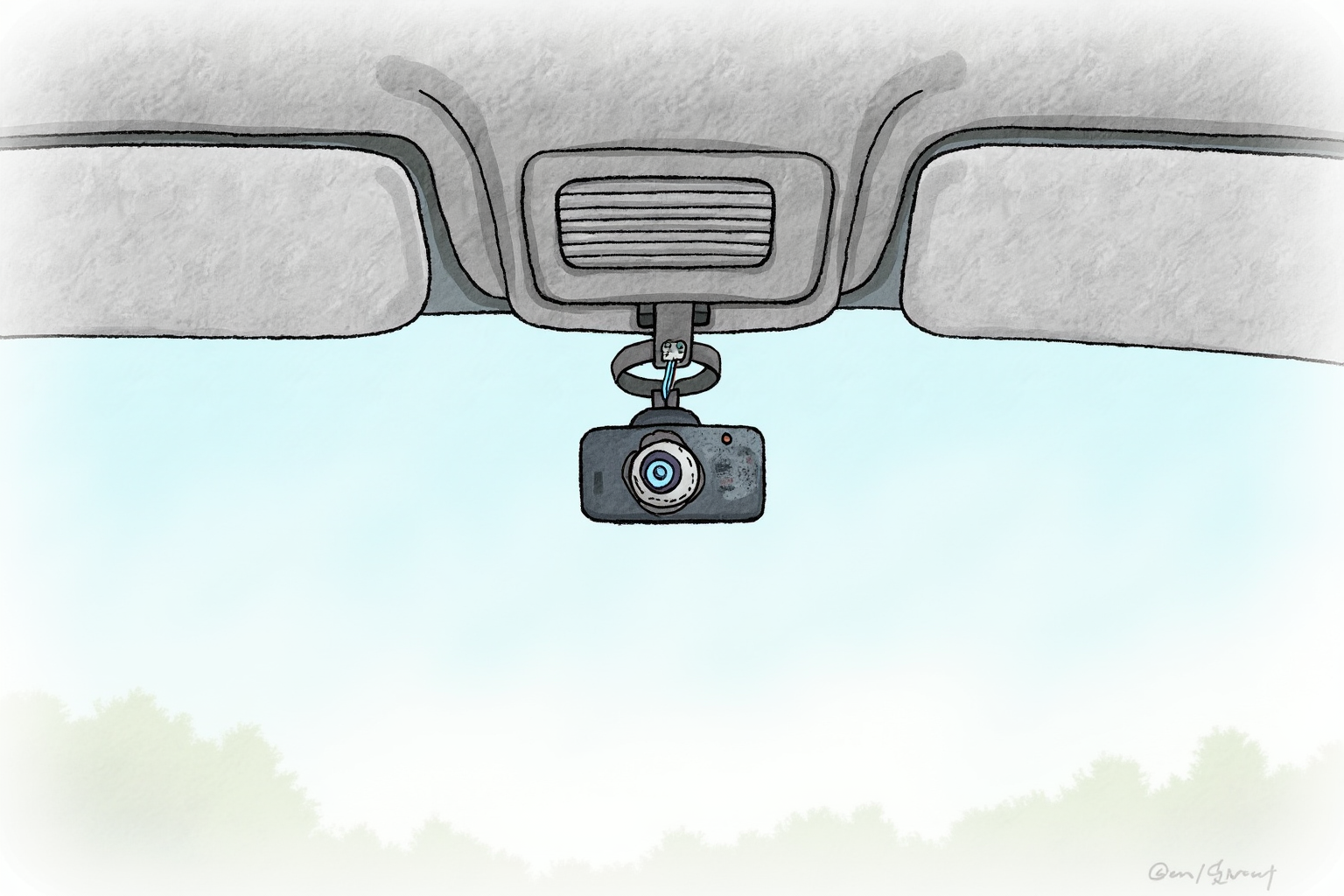 Dash cam wires hidden along ceiling headliner