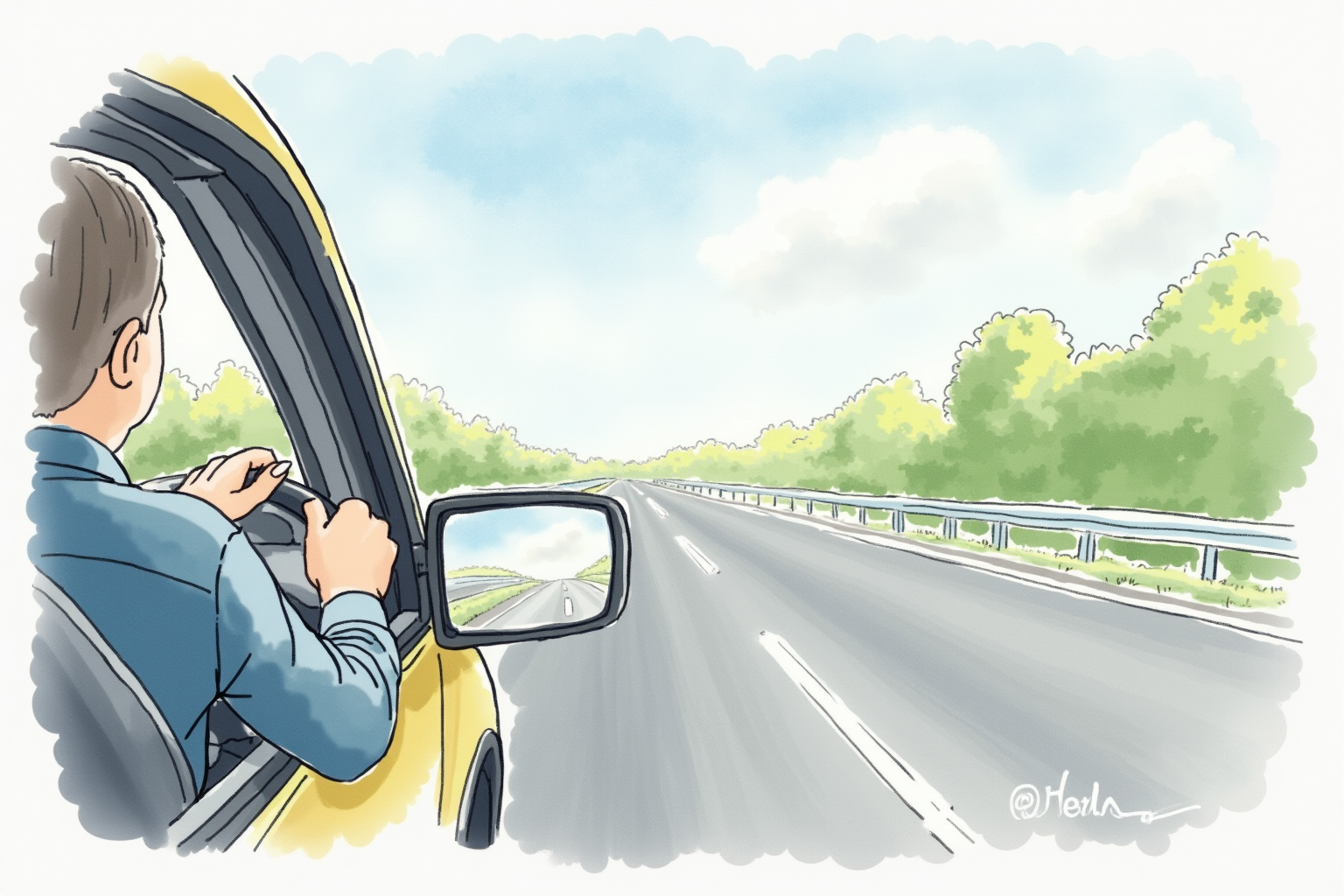 Driver checking blind spot using mirror before lane change