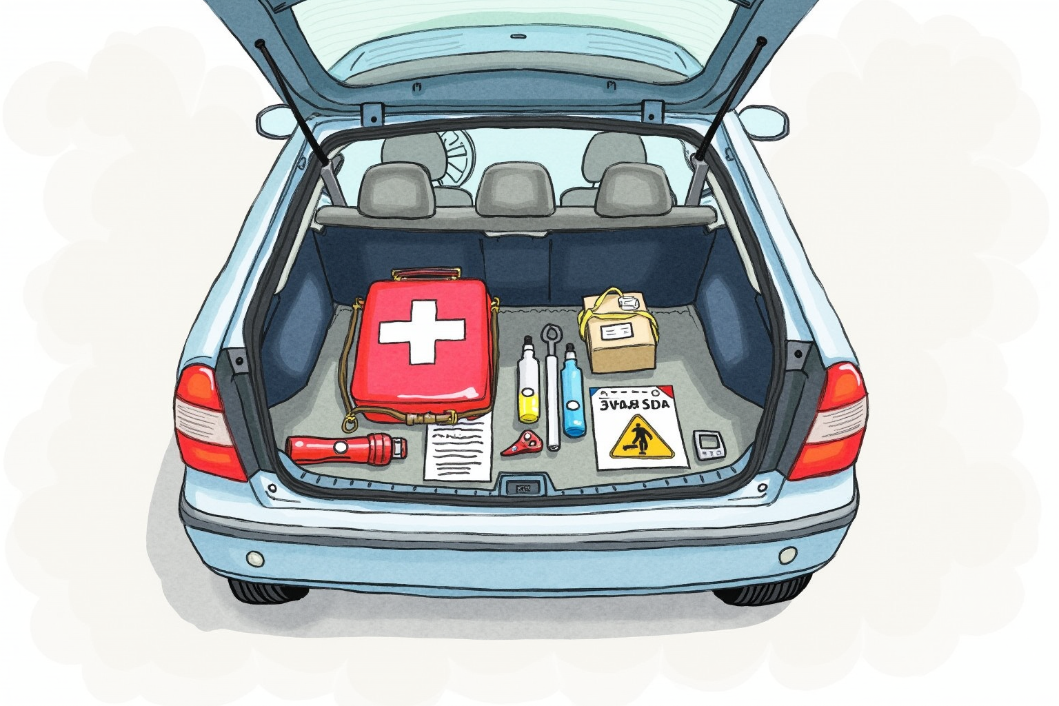 Car safety kit with first aid supplies flashlight and tools
