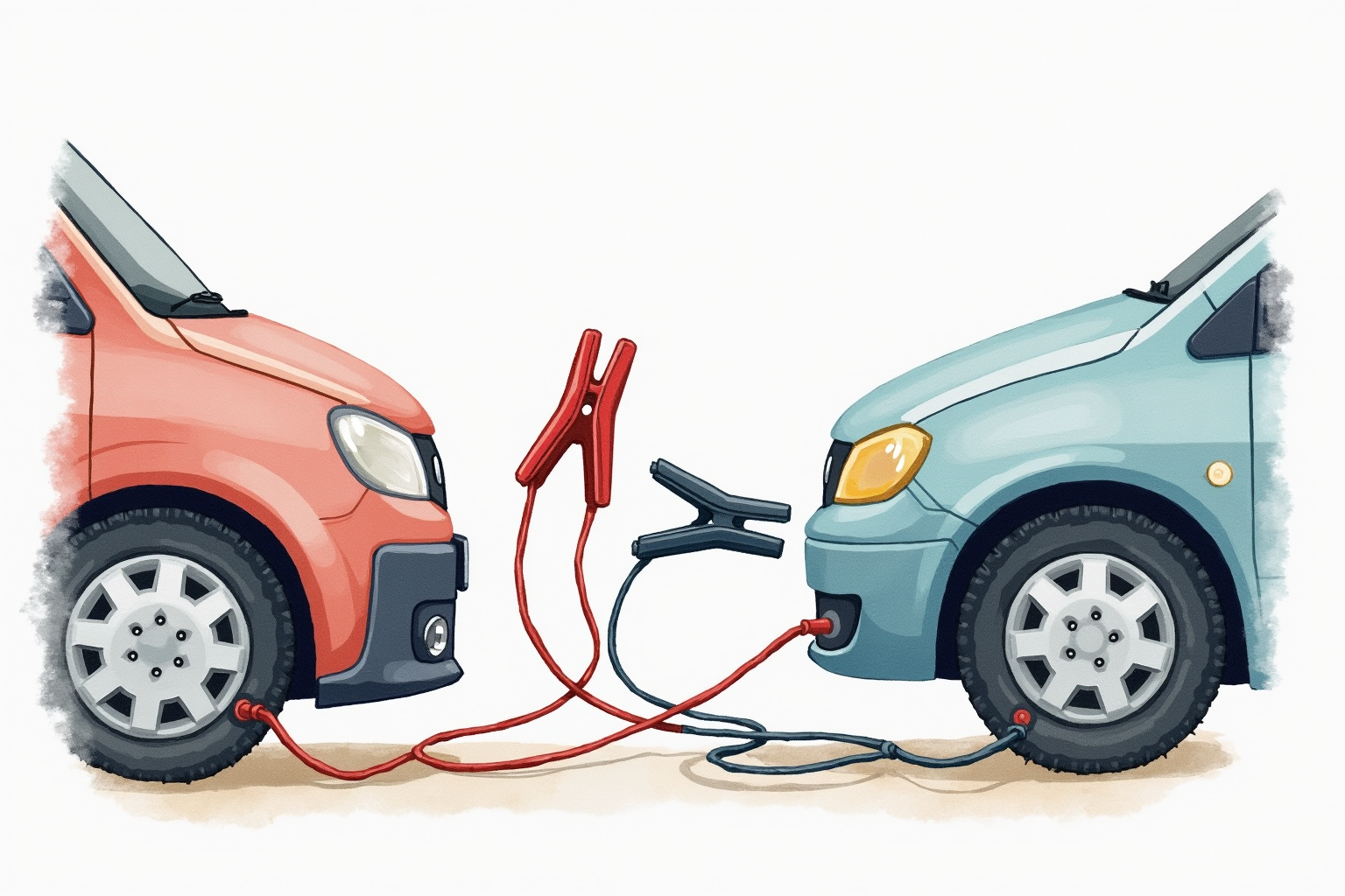 Car jumper cables being used between two vehicles