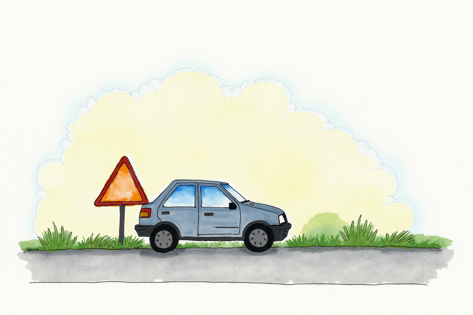 Triangular warning sign placed behind broken-down car