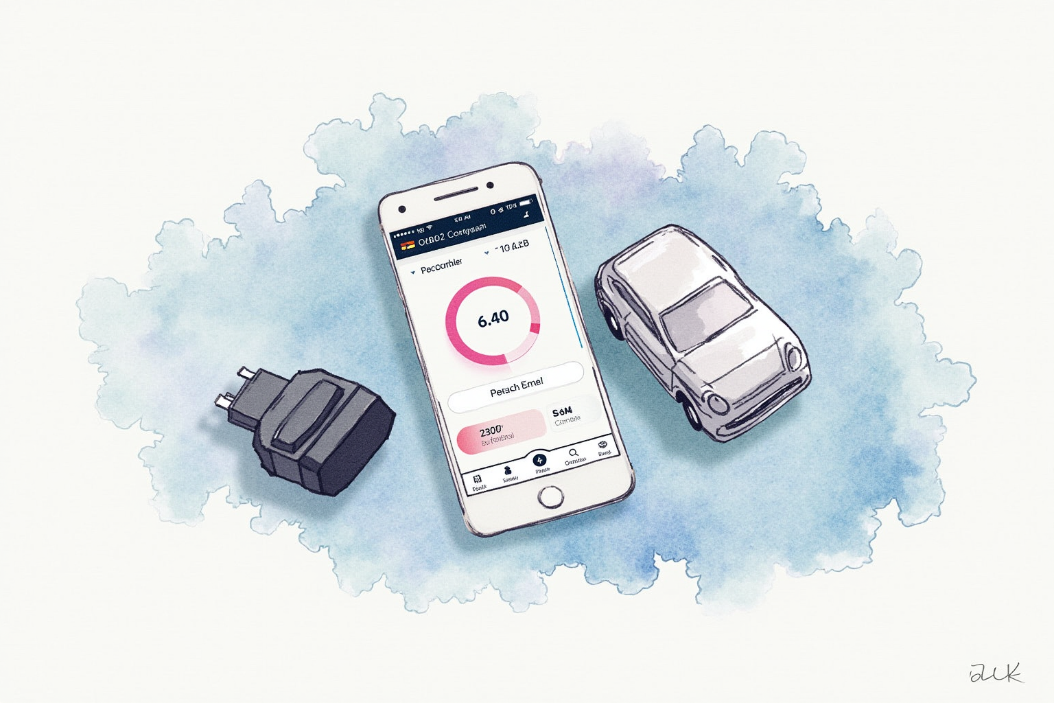 Bluetooth OBD2 dongle paired with smartphone showing engine data