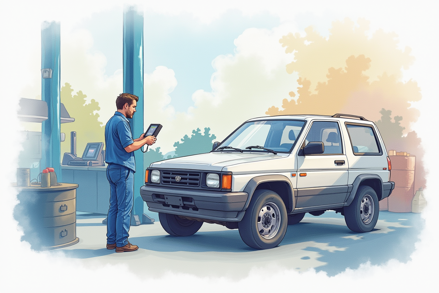 Professional automotive scan tool in repair shop