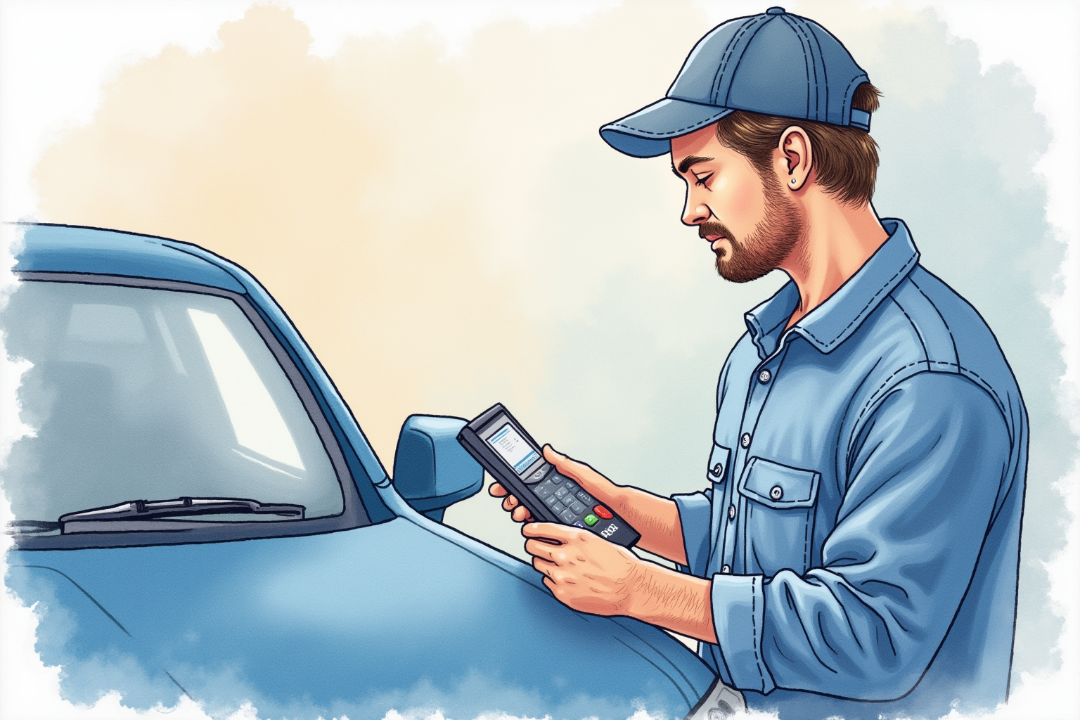 Mechanic reading OBD2 diagnostic codes on portable scanner