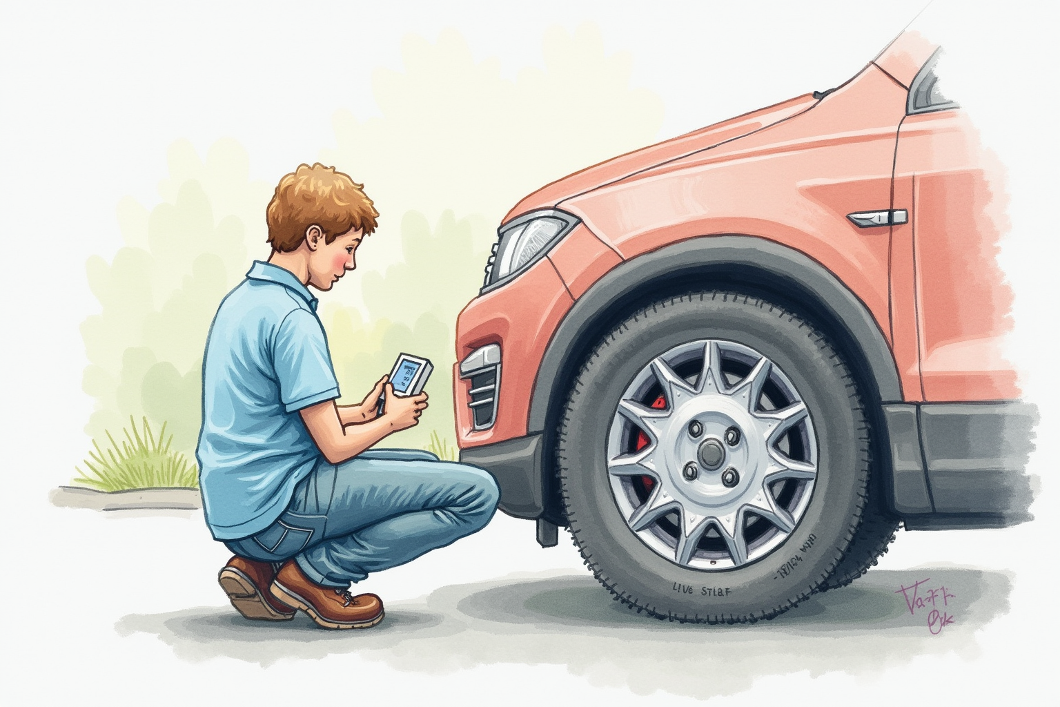 Person checking tire pressure with portable gauge