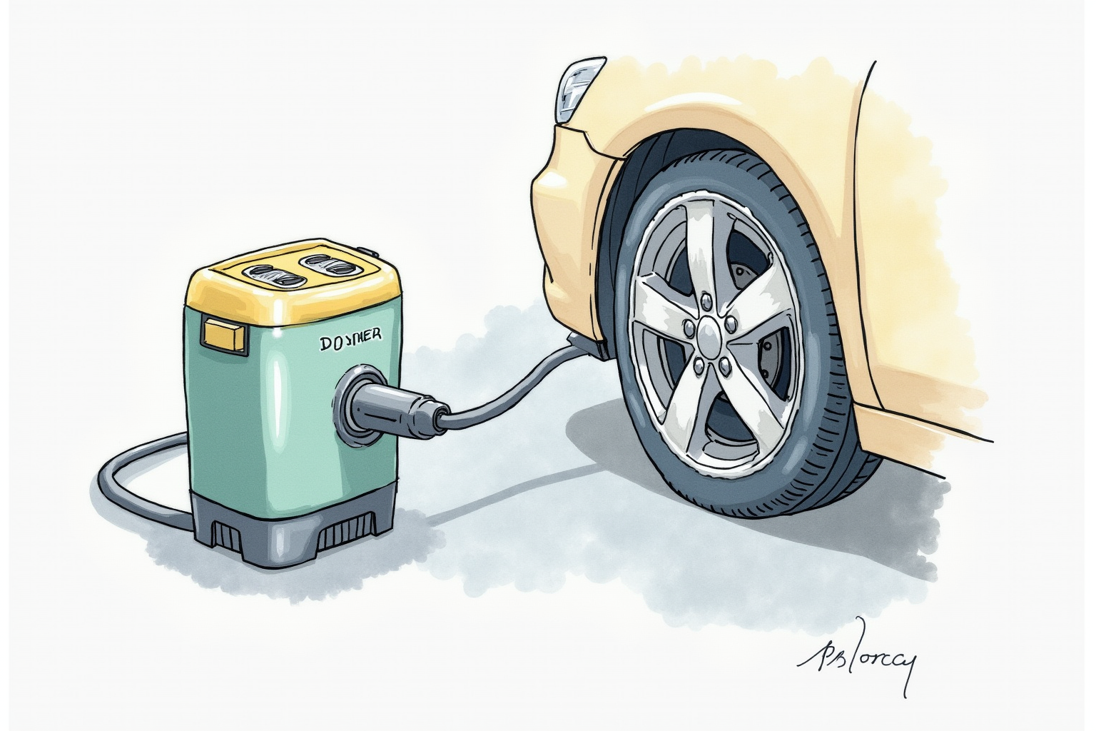 Compact 12V tire inflator plugged into car cigarette lighter port