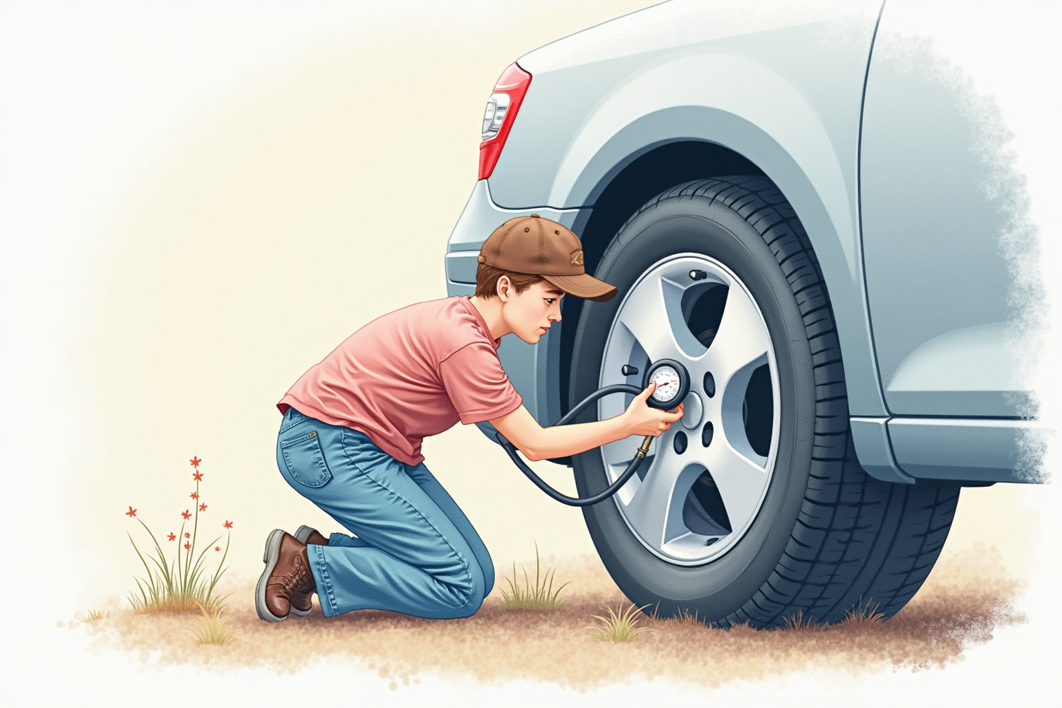 Person checking tire pressure with portable inflator gauge on car tire