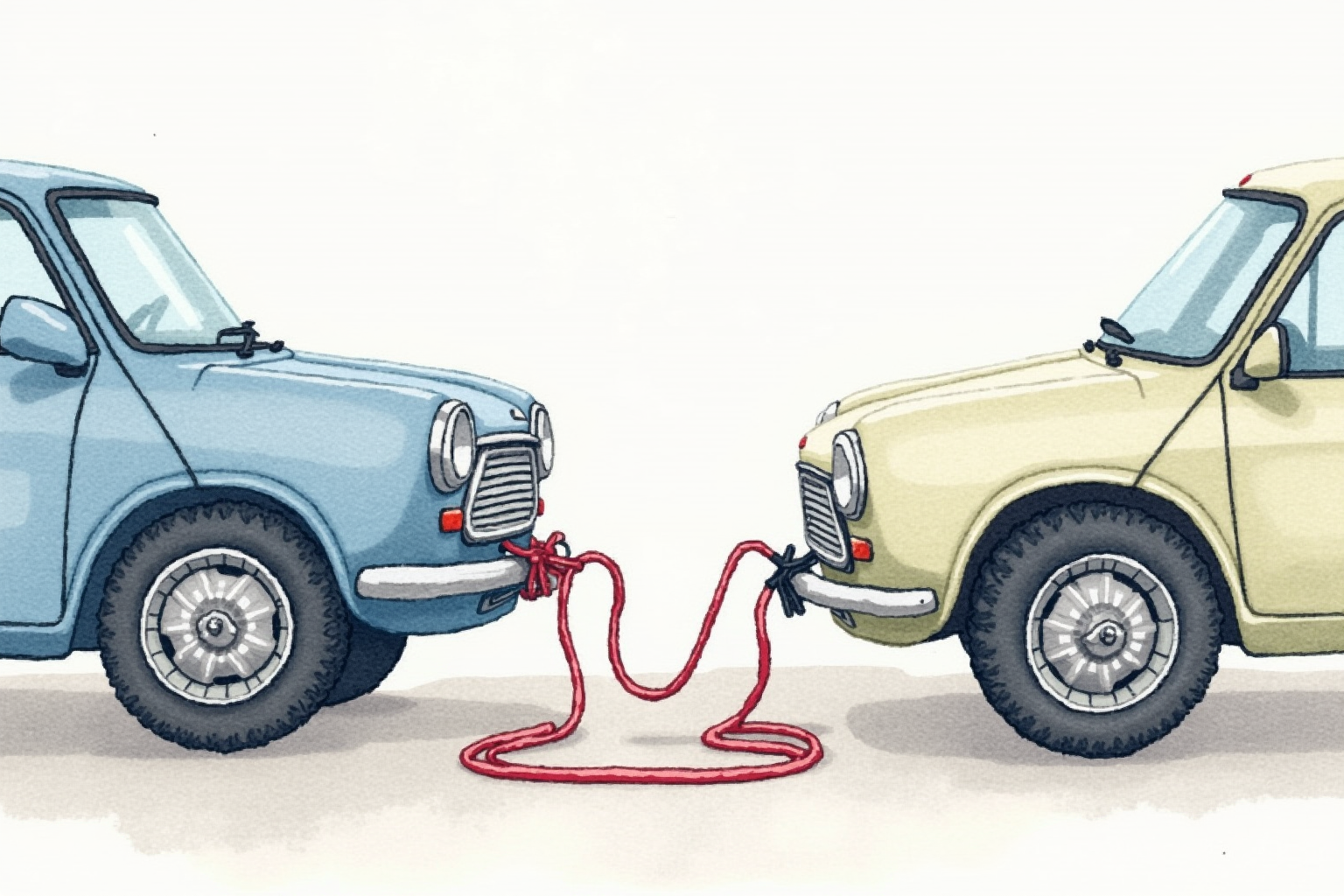 Traditional jumper cables connecting two cars in parking lot