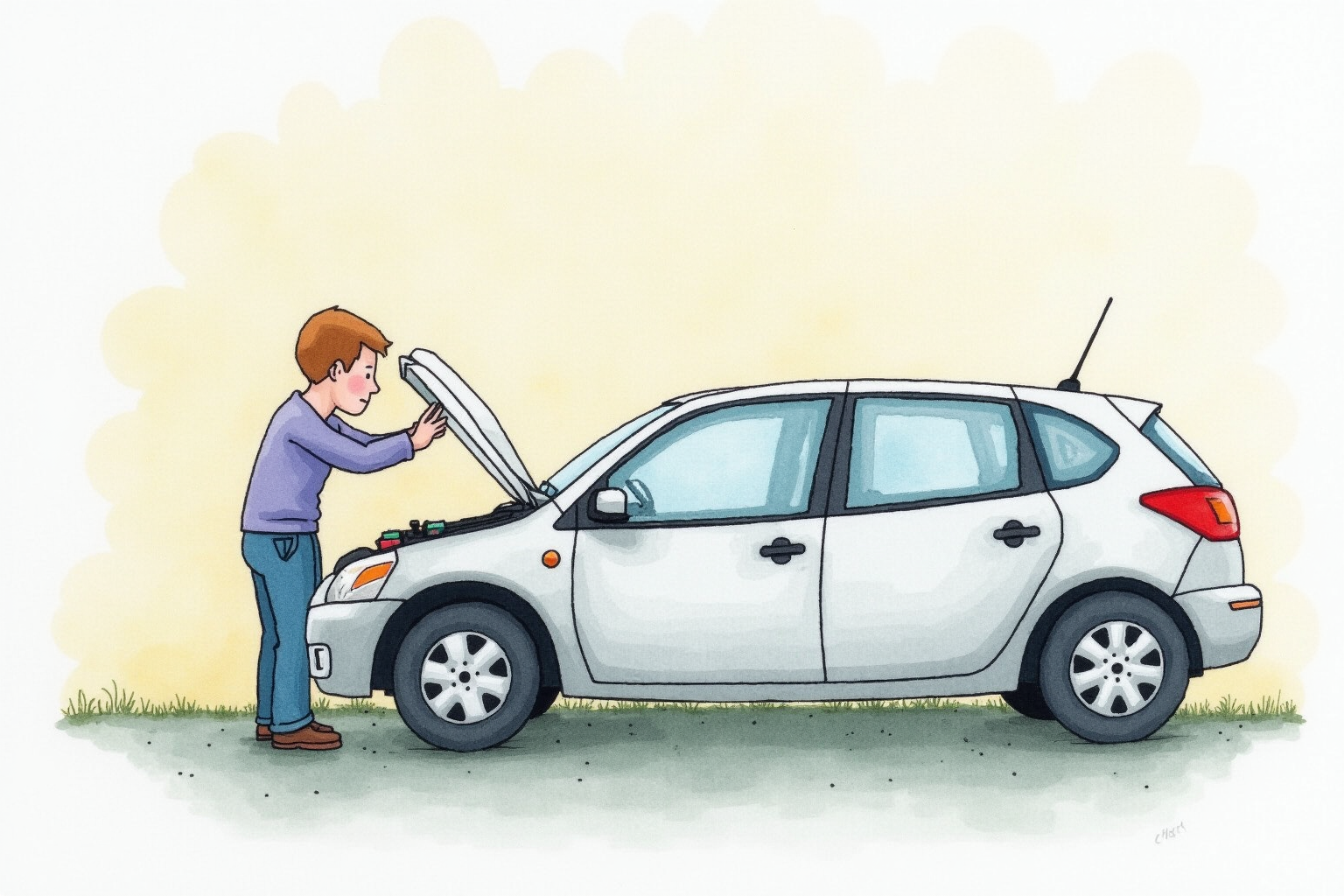 Person opening car hood to access dead battery for jumpstart