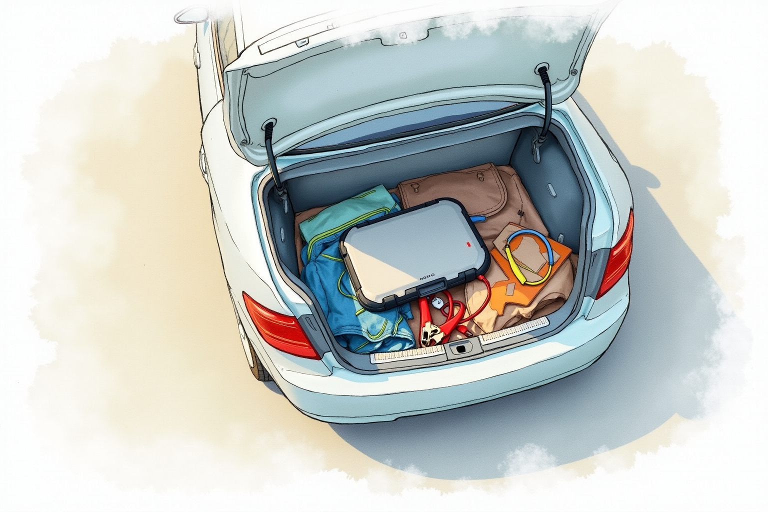 NOCO Boost style jump starter pack in trunk emergency kit