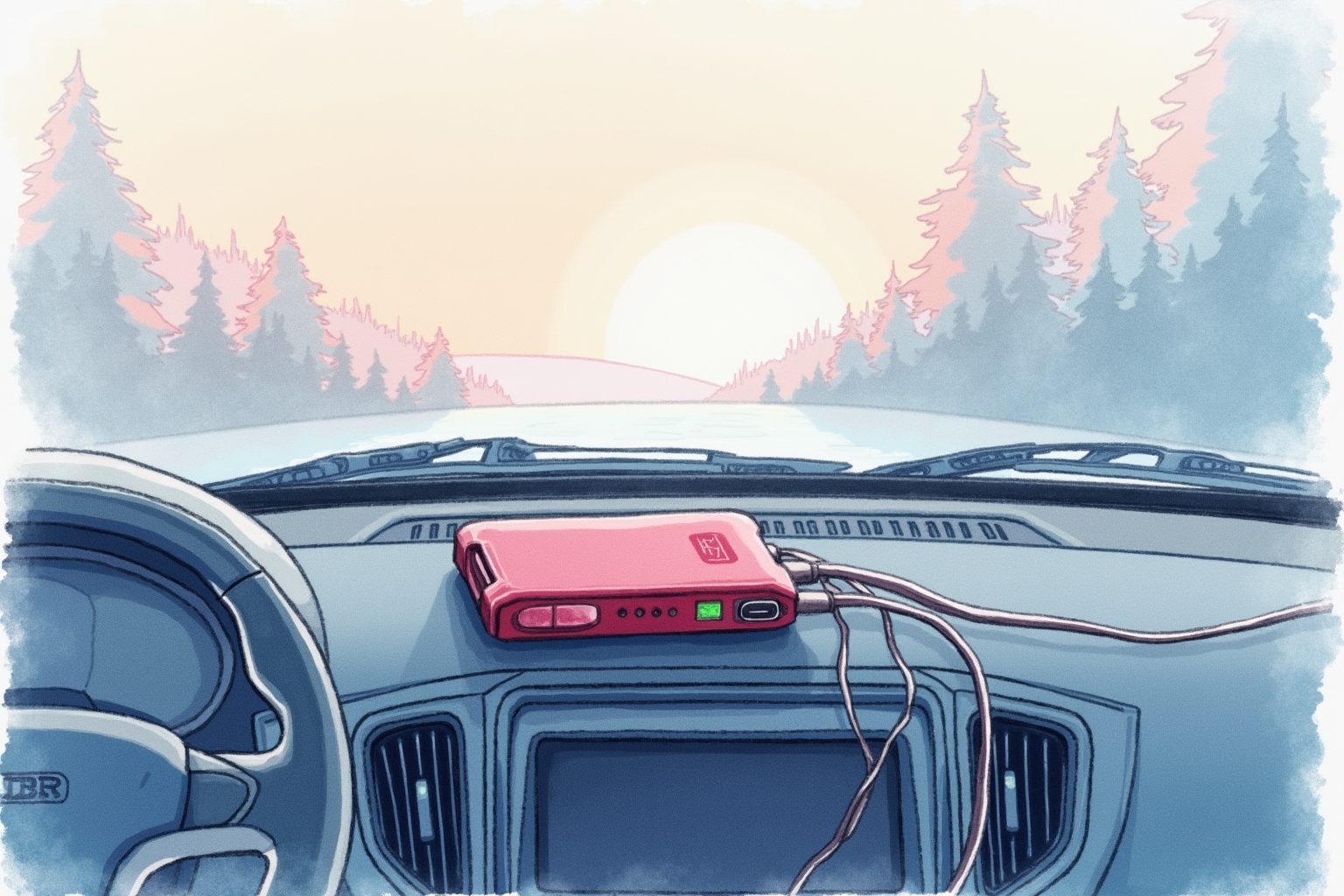 Compact jump starter pack charging via USB-C on car dashboard