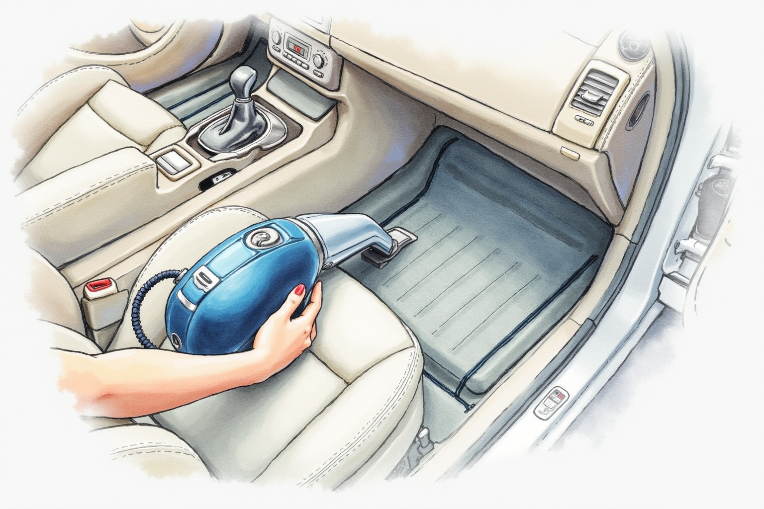 Person vacuuming car floor mats and crevices with handheld vacuum