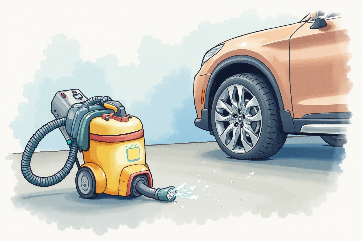 Compact wet-dry car vacuum on garage floor beside SUV