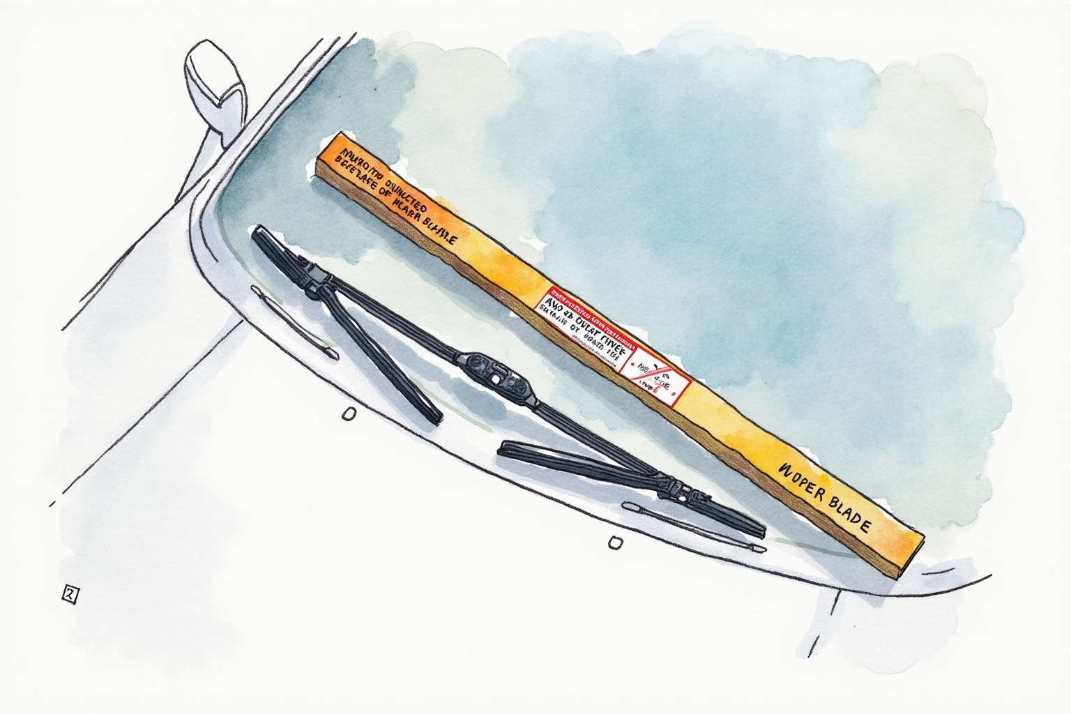 New wiper blades in packaging beside old worn wiper blades on car hood