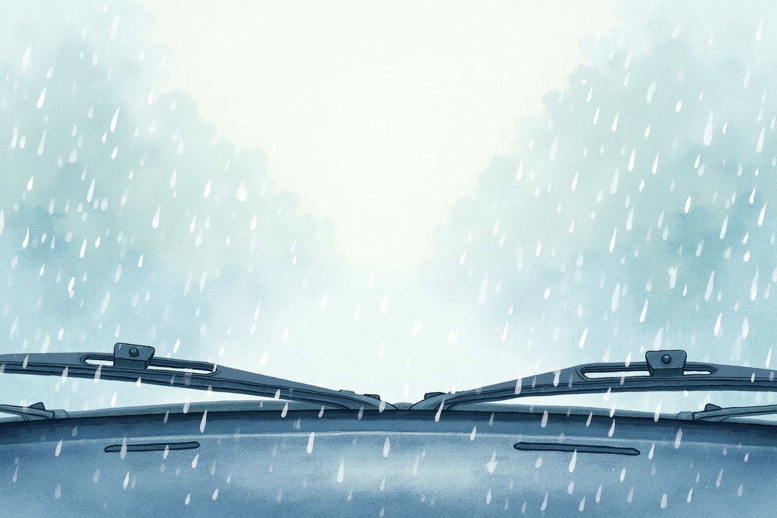 Wiper blade clearing rainwater from windshield during light rain