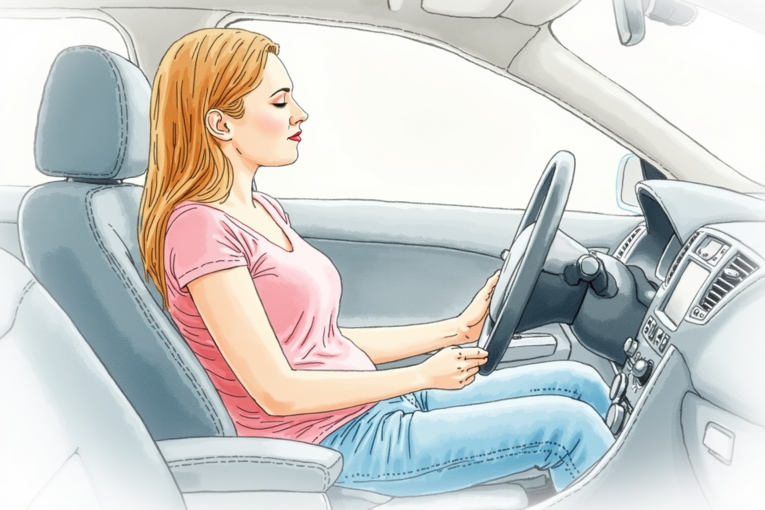 Person sitting comfortably in car with proper lumbar support during long drive
