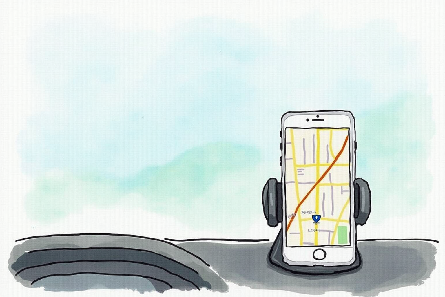 Suction cup phone mount attached to car windshield with phone displaying map