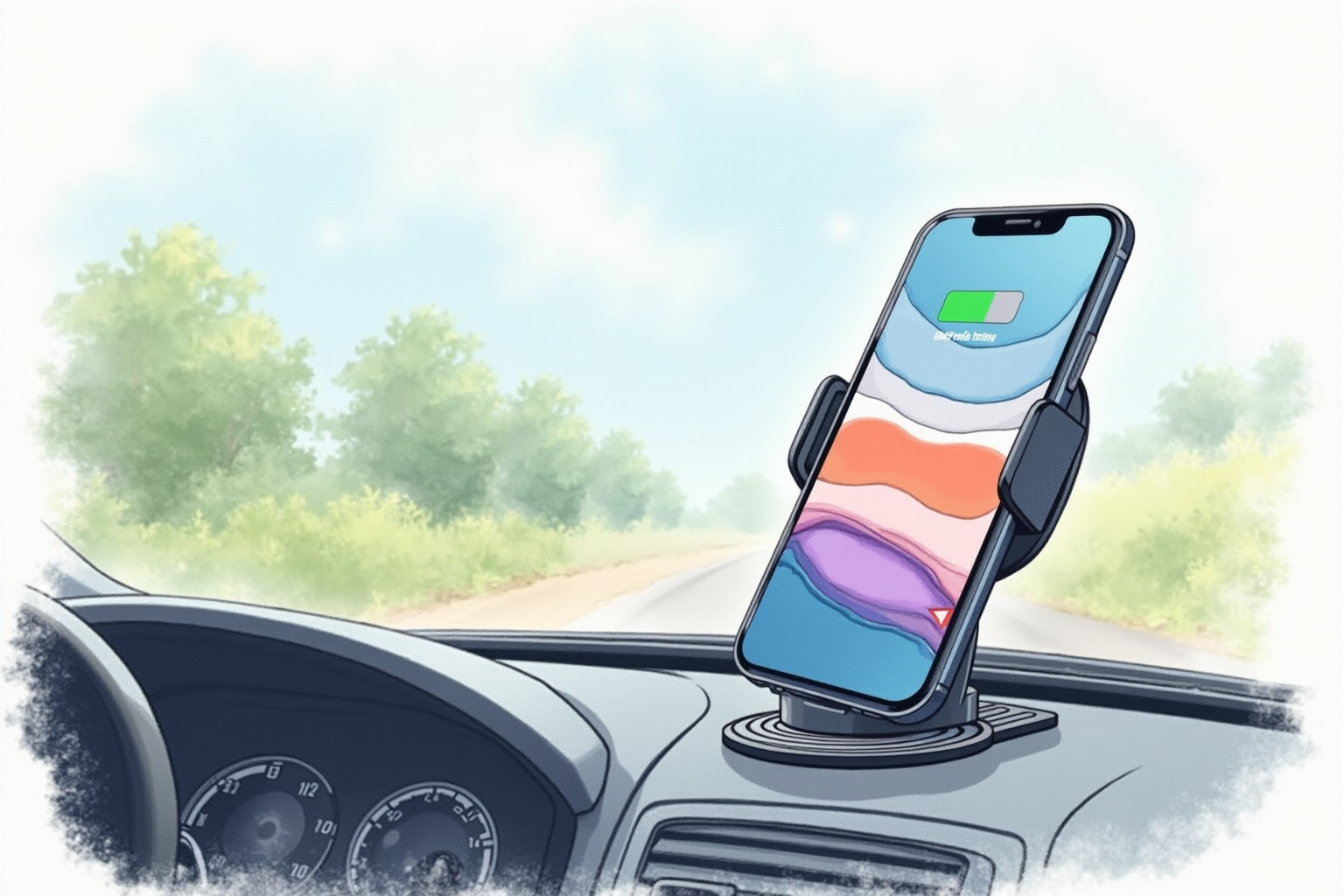 Phone mount with wireless charging coil pad on car dashboard