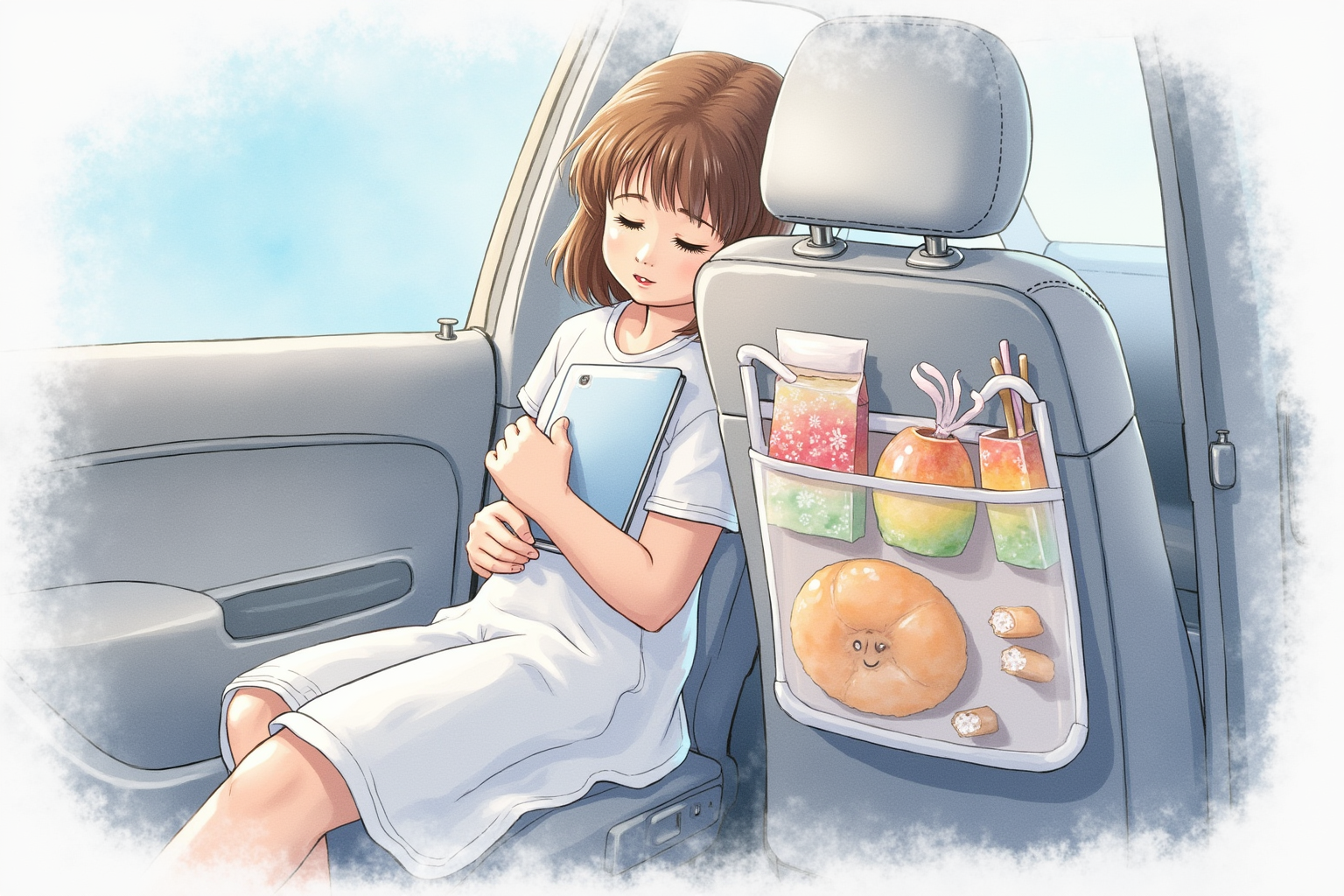 Backseat hanging organizer holding tablets snacks and tissues for kids