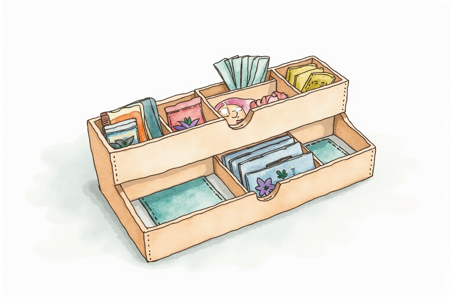 Center console organizer with compartments holding cards coins and small items