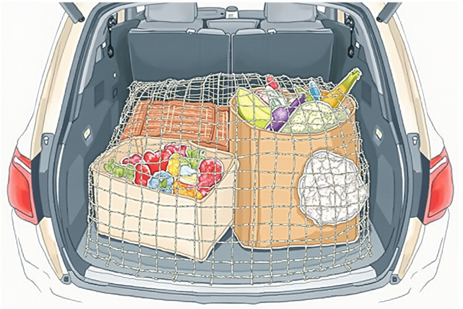 Trunk cargo net stretched over groceries to prevent rolling
