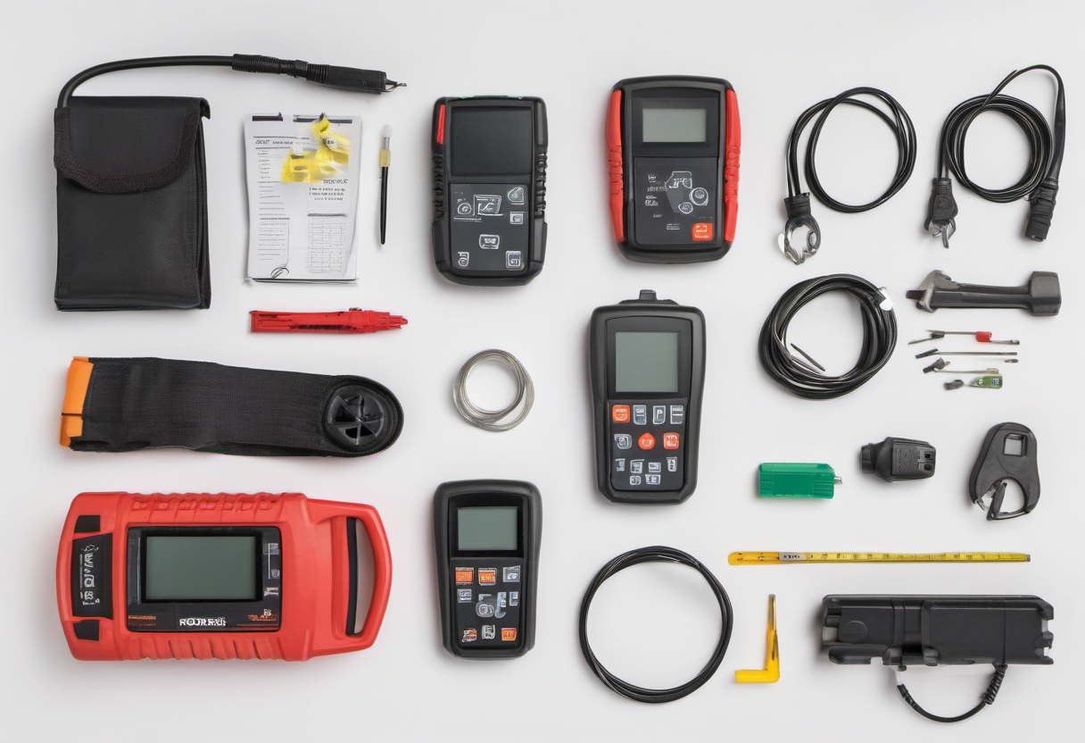 OBD2 scanners, car keys, and a maintenance checklist on a garage workbench