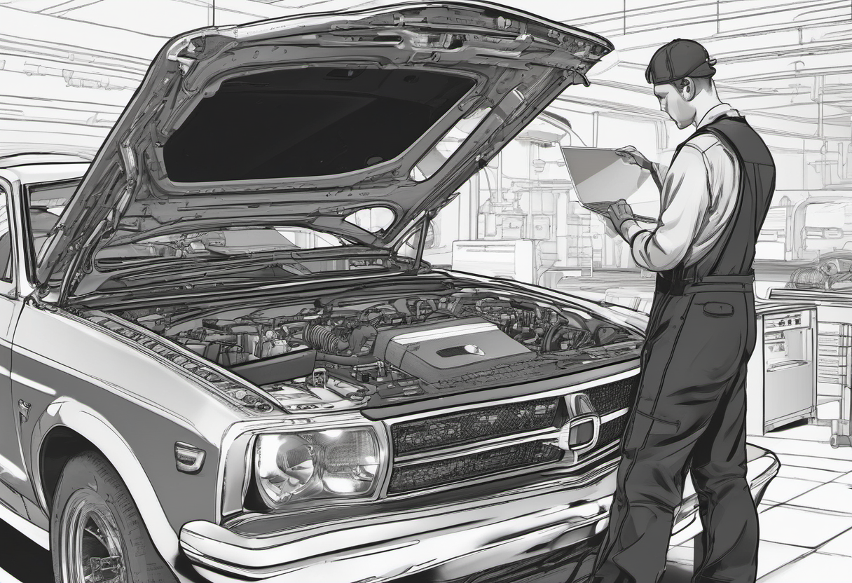 Automotive technician using a diagnostic tablet beside an open engine bay
