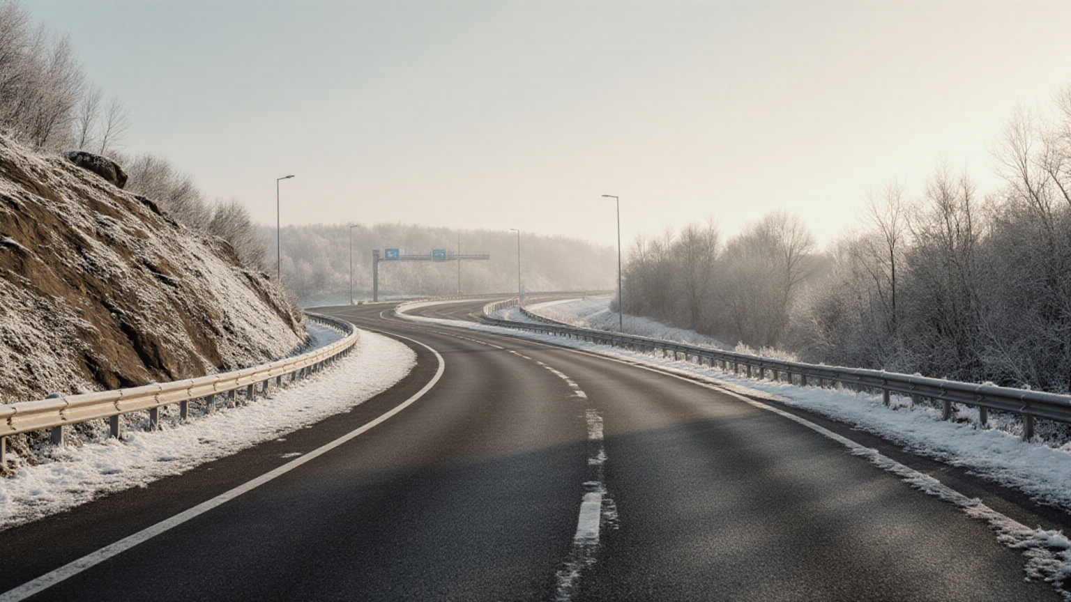 A curving highway ramp before sunrise with frost on the guardrail and no traffic
