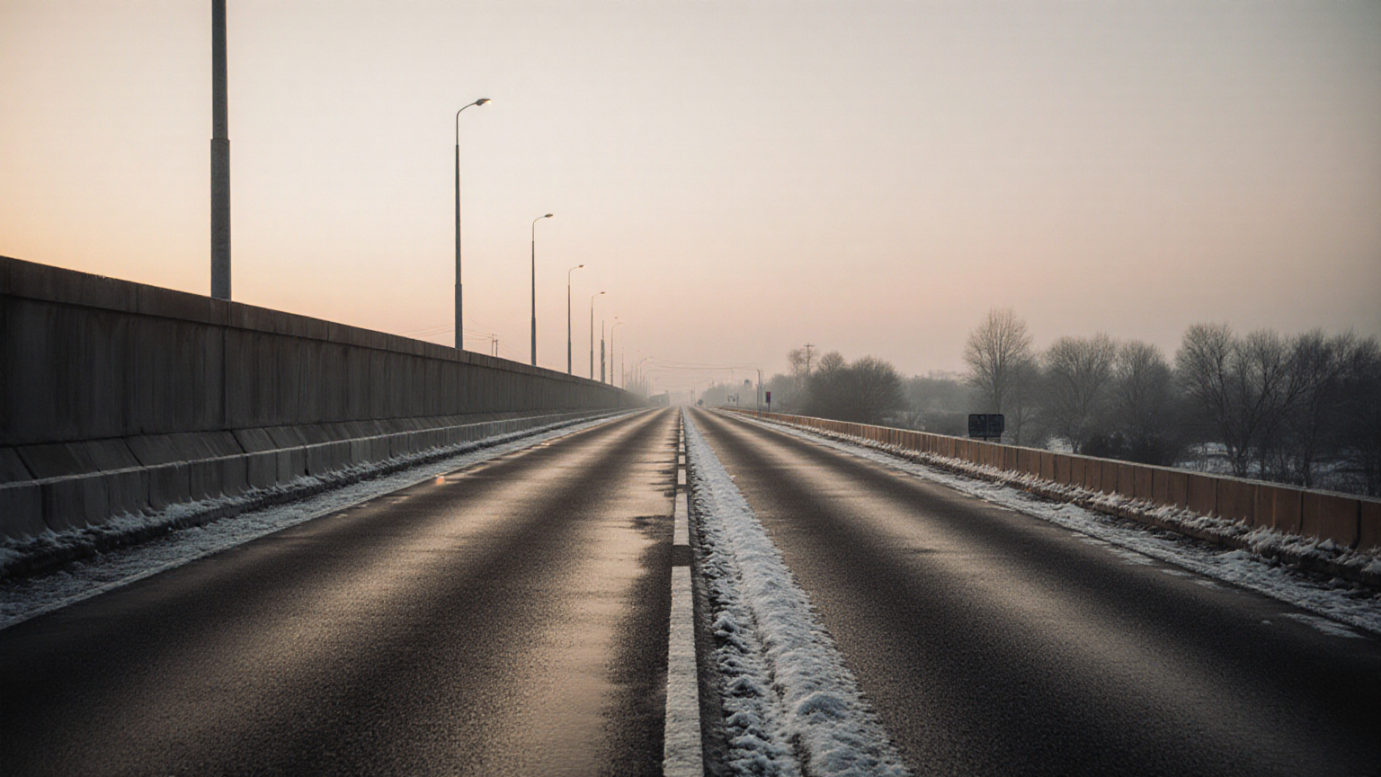 An empty winter overpass with a subtle frozen sheen and clear lane markings