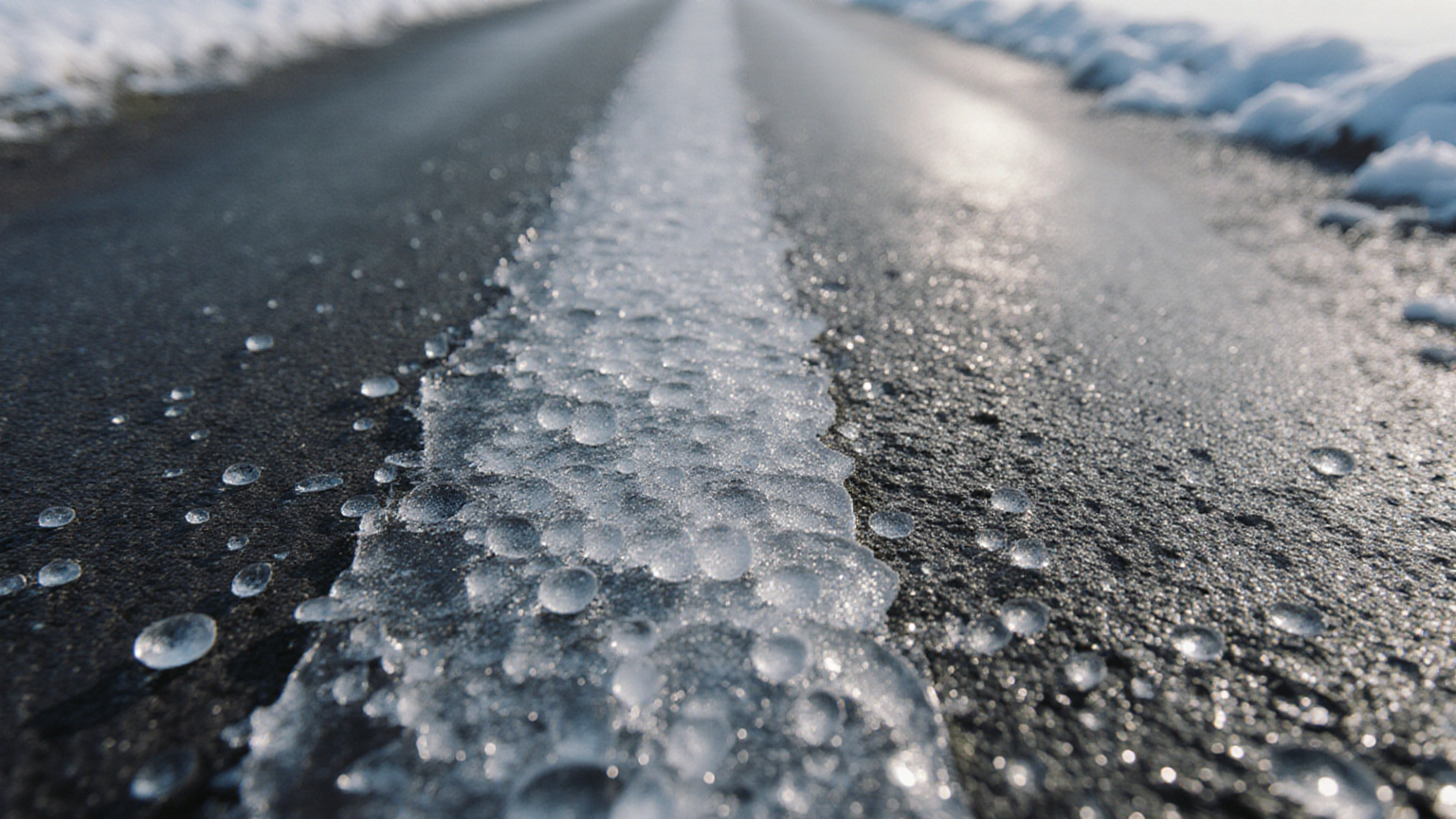 A close editorial view of a tire tread beside a wet, icy road edge