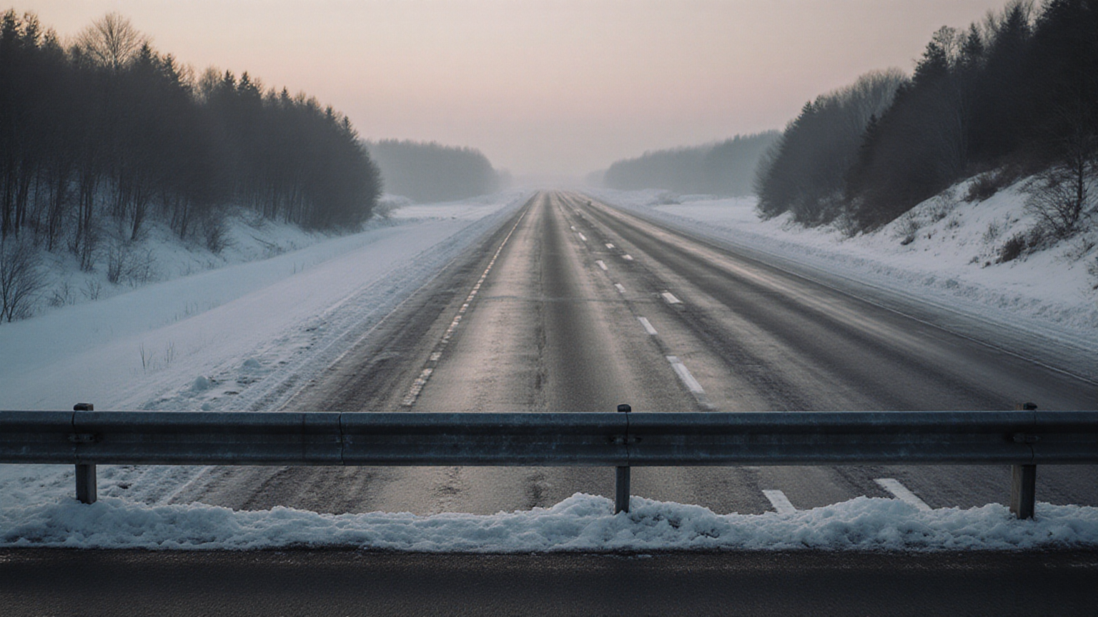 An empty winter roadway leading toward an elevated bridge after sunrise