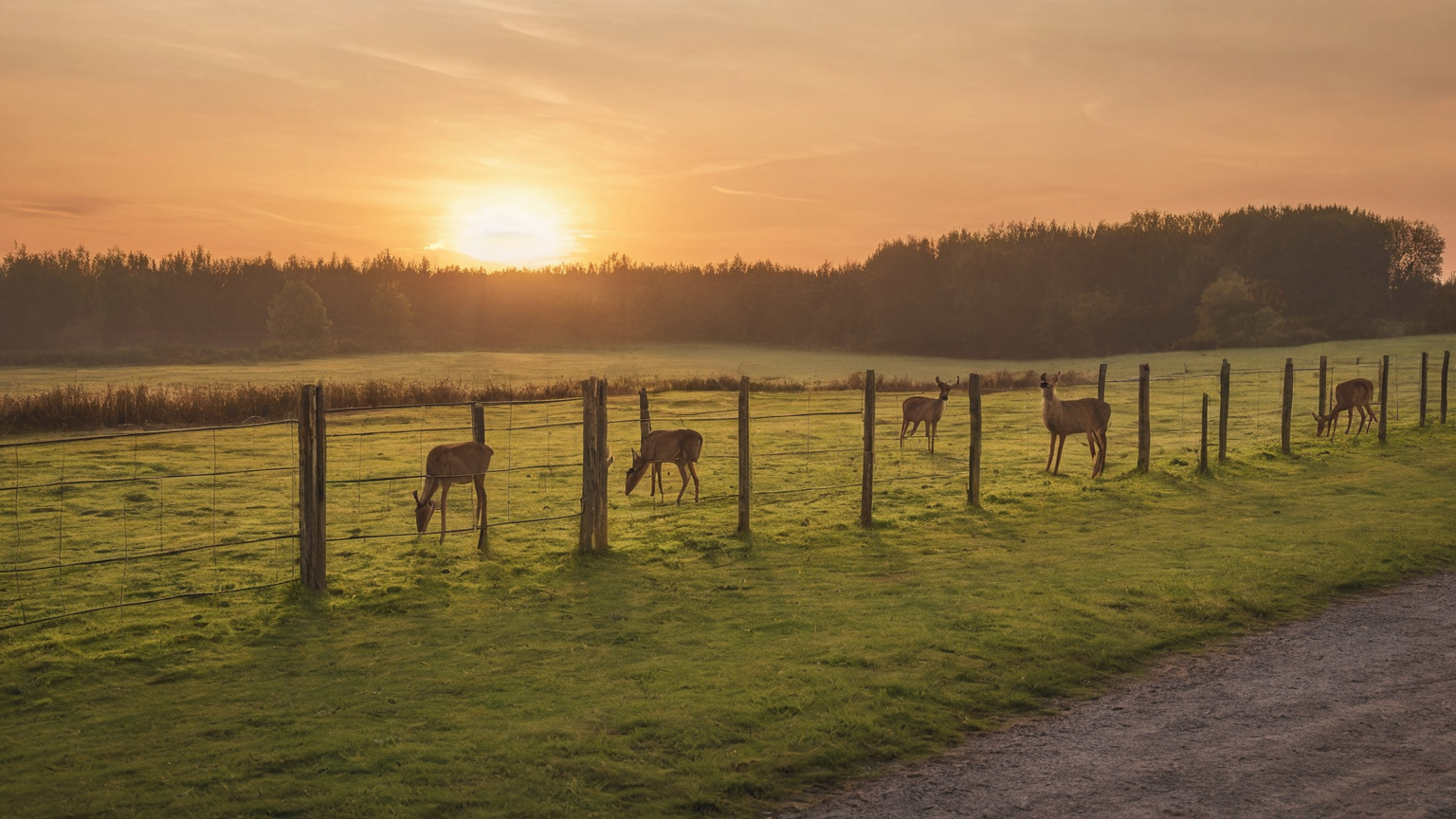 Healthy deer grazing behind a fence away from a rural road at sunset