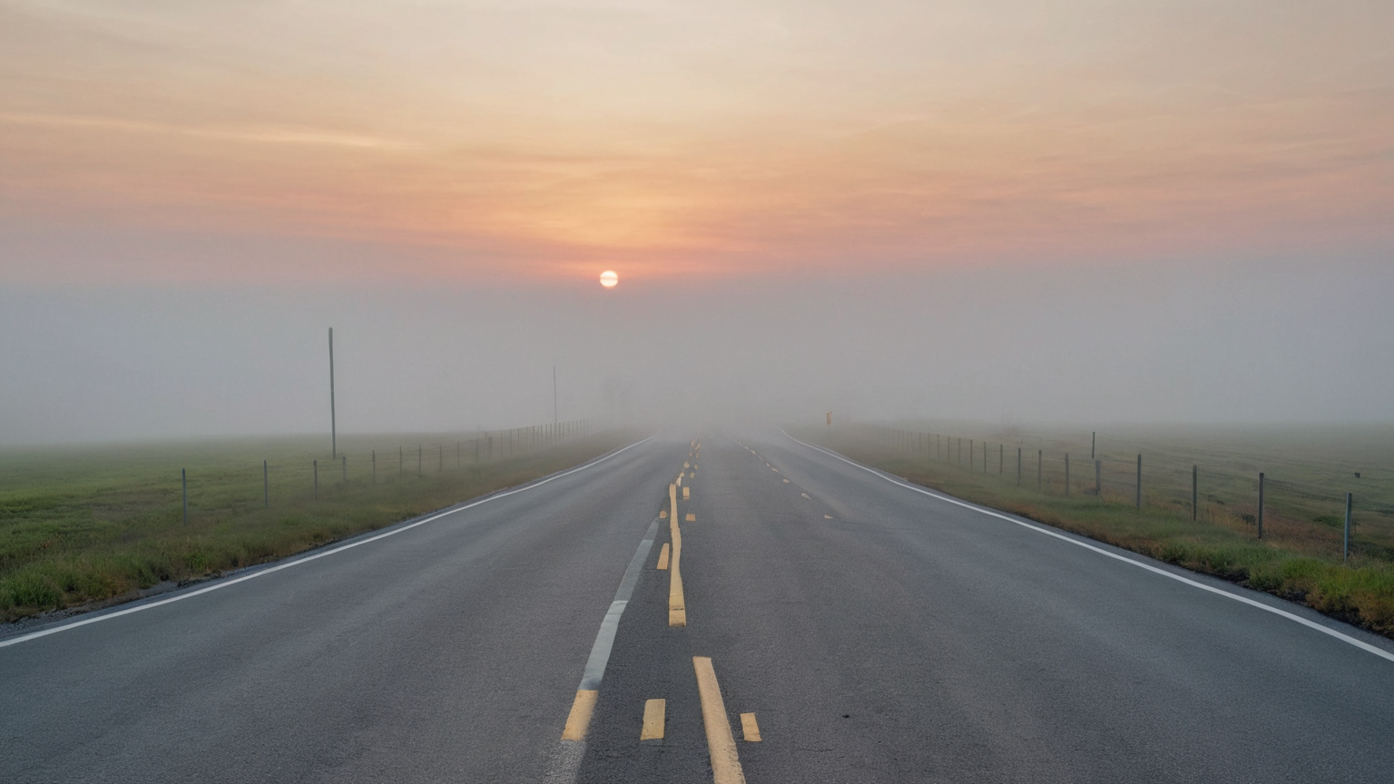 An empty rural highway at sunrise with the horizon hidden by fog