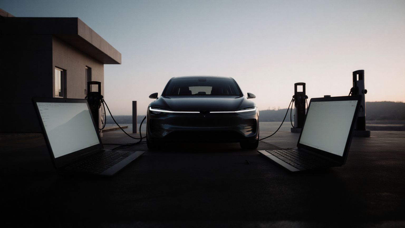 An unbranded car positioned between home charging and fuel options, with blank displays