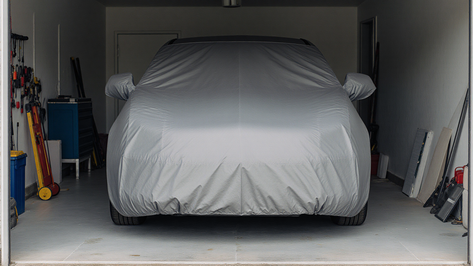 A car prepared for inspection with a face-down blank clipboard and flashlight