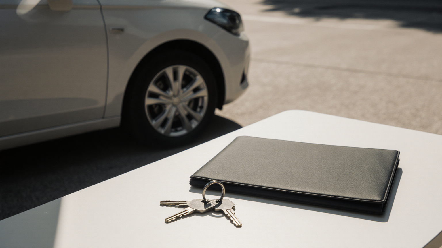 An unbranded car, plain keys, and a closed blank folder ready for budgeting