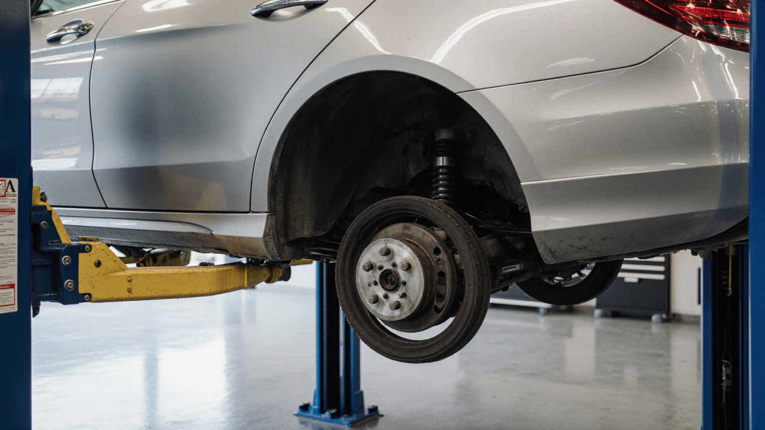 A sedan on a service lift with one rear wheel removed for inspection