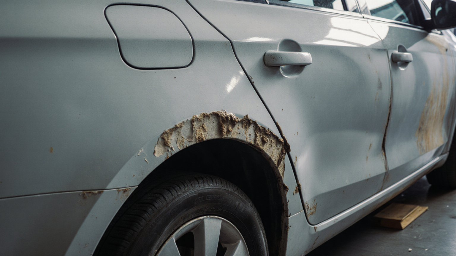 Close view of corrosion and body damage around a used car rear wheel arch