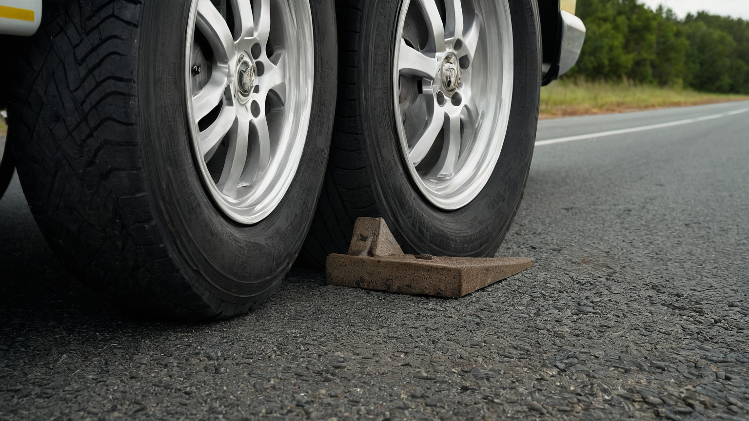 Tandem trailer wheels held by a wheel chock on level pavement