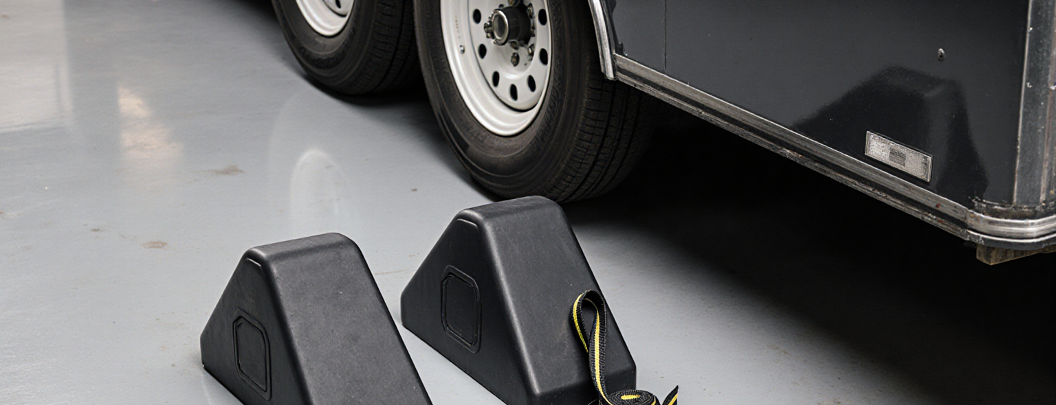 Wheel chocks and a cargo strap prepared beside a stationary trailer