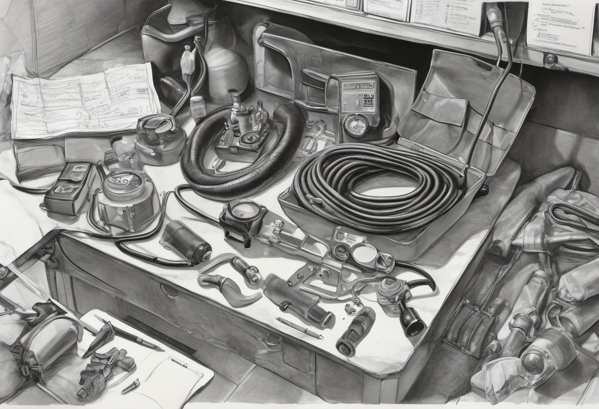 Mechanic bench with fuel cap, EVAP hose, scan tool, and organized diagnostic equipment