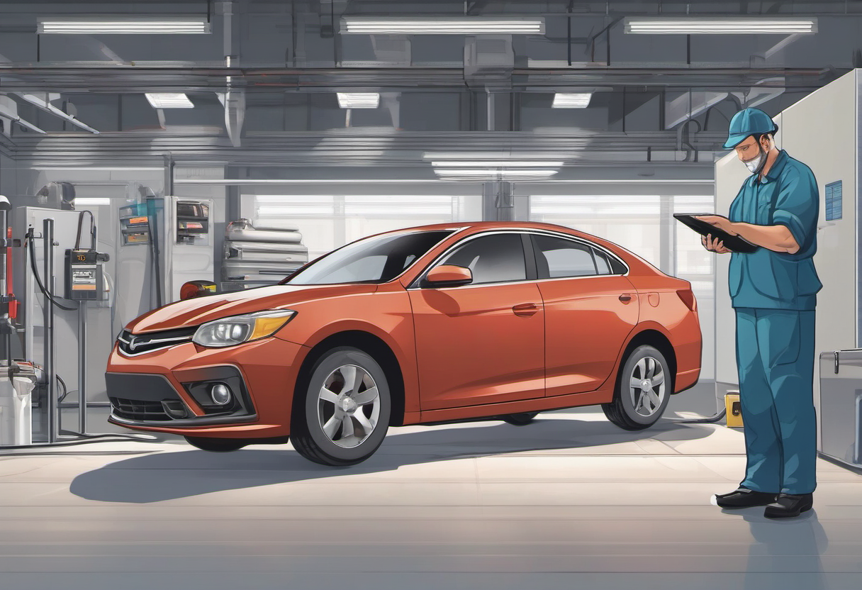 Vehicle emissions inspection bay with a technician checking a tablet beside a car