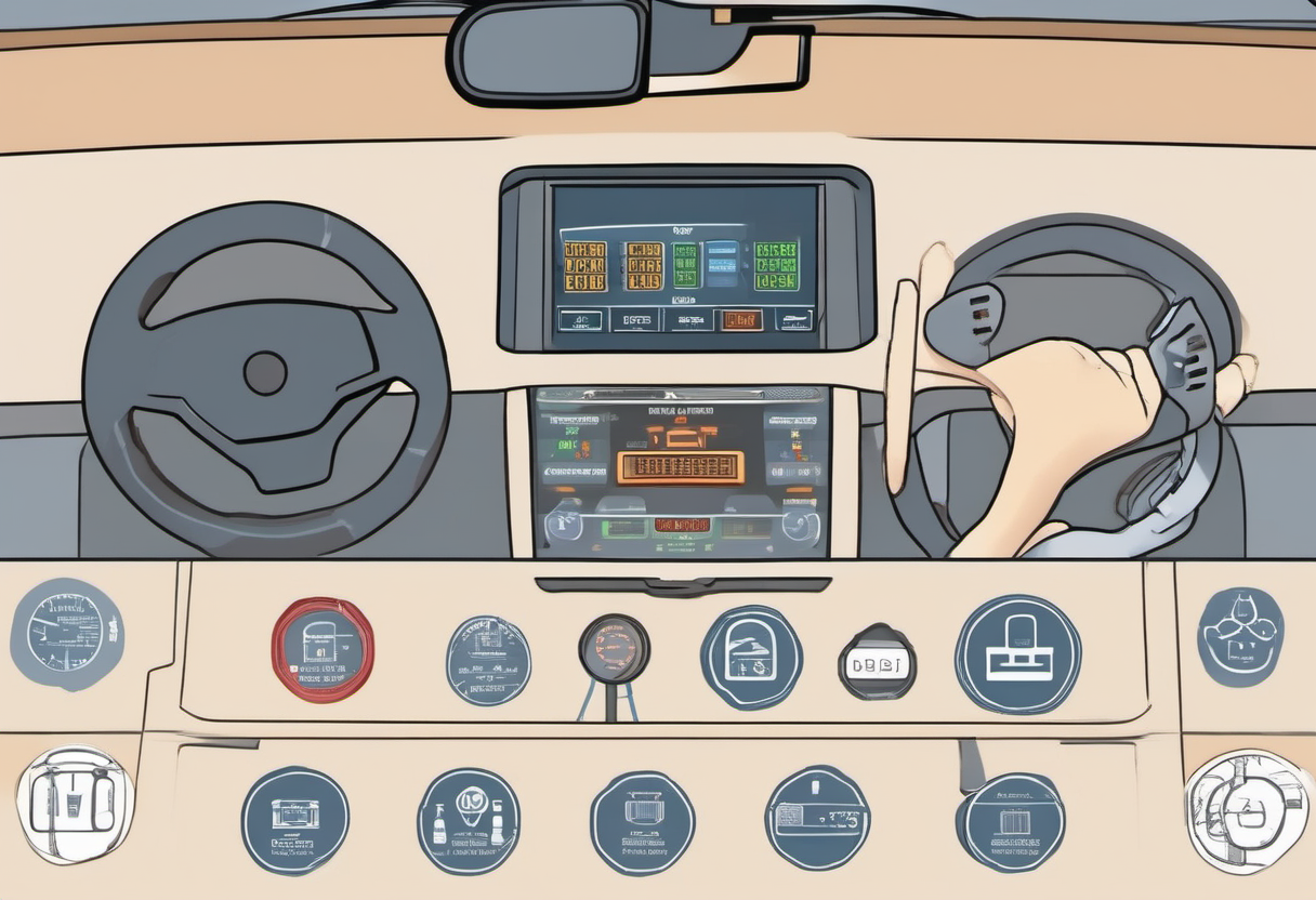 OBD-II scanner connected near a modern dashboard for readiness monitor checks