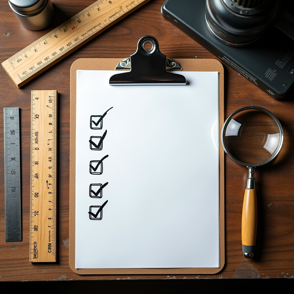Watercolor illustration of paper inspection checklist with vintage magnifying glass and ruler