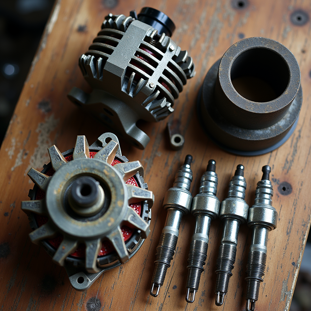 Watercolor illustration of vintage car parts laid out neatly on wooden surface