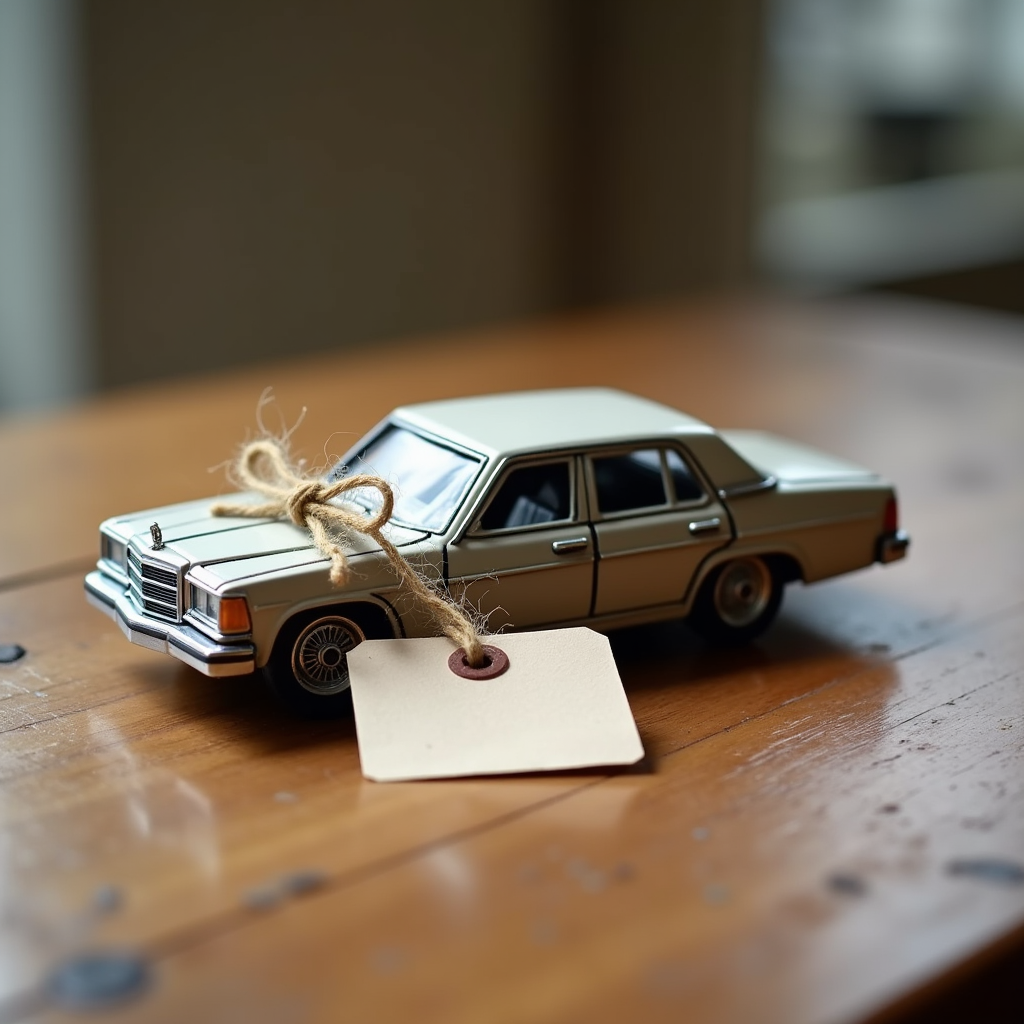 Watercolor illustration of small toy sedan car with paper price tag tied with twine